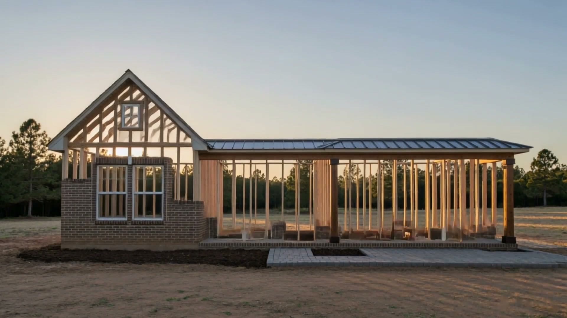 A Strata Build Co. custom home mid-construction, timber framing and brick rising against a sunset sky